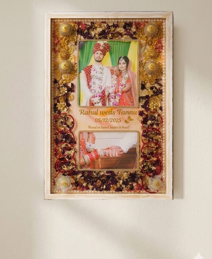 Jaimala preservation resin frame with preserved wedding garland flowers and customized couple details