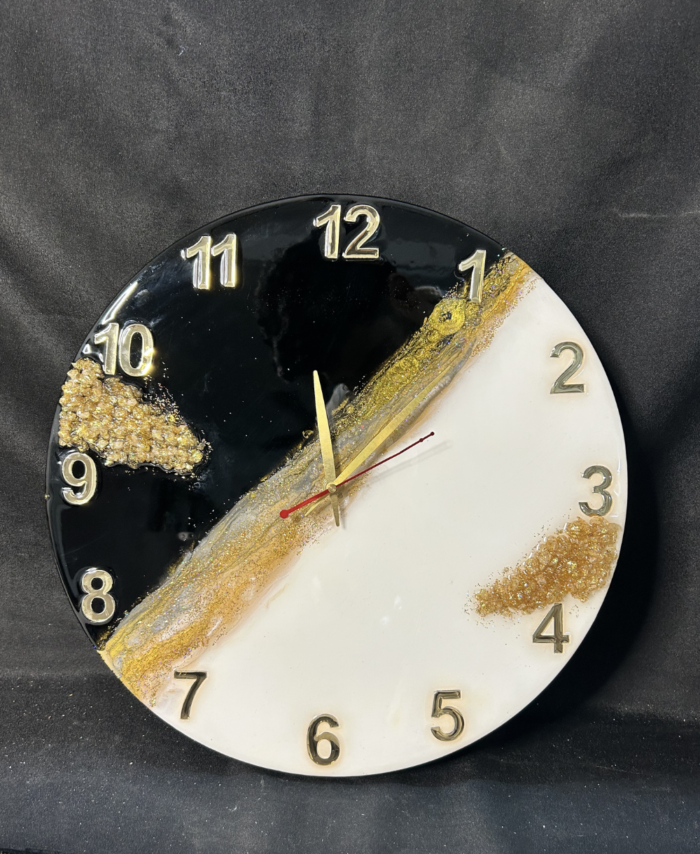 Black and white marble resin wall clock with gold flakes and metallic numbers