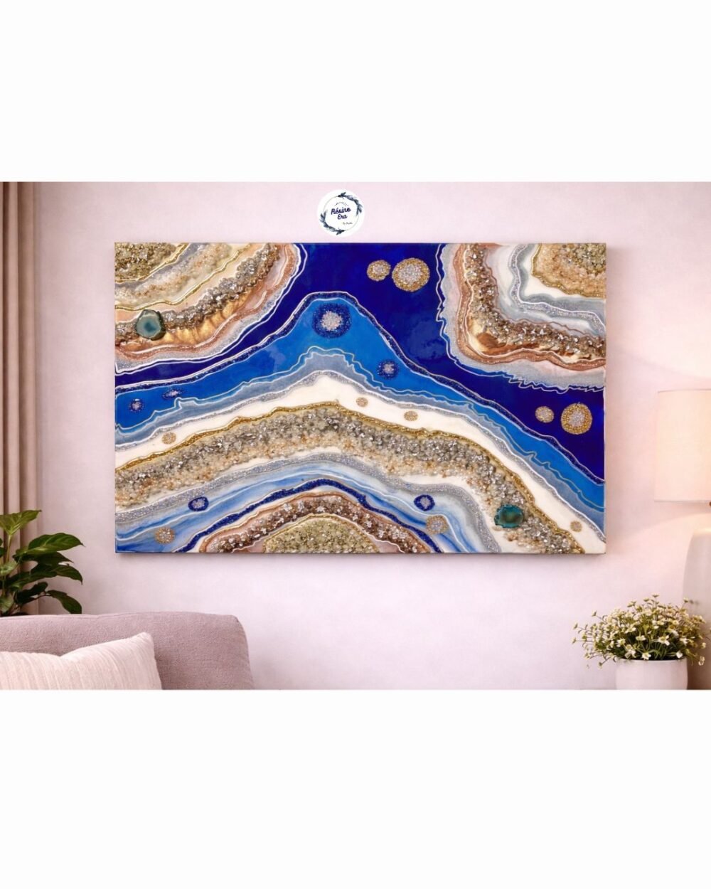 Blue and gold geode resin wall art with crystal-inspired abstract design for modern home décor