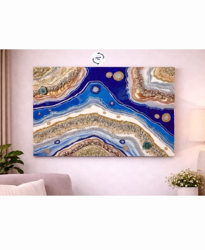 Blue and gold geode resin wall art with crystal-inspired abstract design for modern home décor