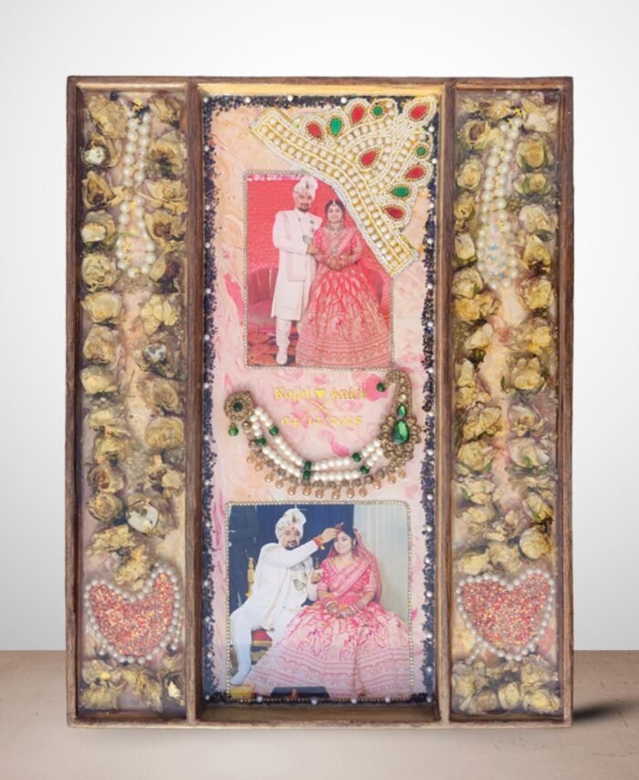 Resin varmala frame with preserved wedding flowers, pearls, and couple photos in elegant wooden frame