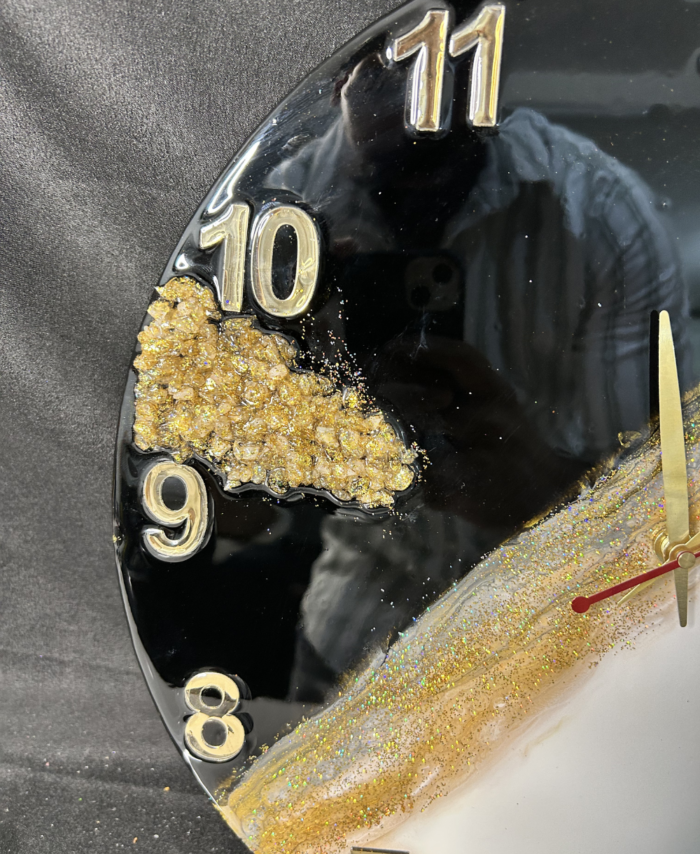Black and white marble resin wall clock with gold flakes and metallic numbers