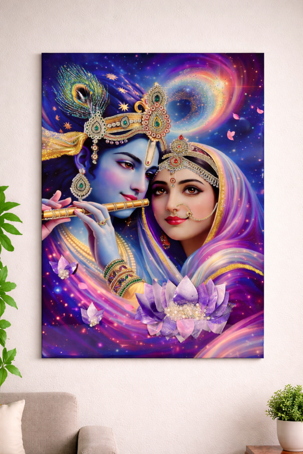 Radha Krishna 3D wall art with cosmic galaxy background and purple colors for home decor
