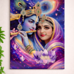 Radha Krishna 3D wall art with cosmic galaxy background and purple colors for home decor