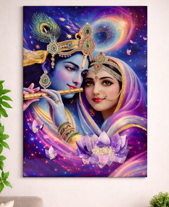 Radha Krishna 3D wall art with cosmic galaxy background and purple colors for home decor