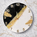 Black and white marble resin wall clock with gold flakes and metallic numbers