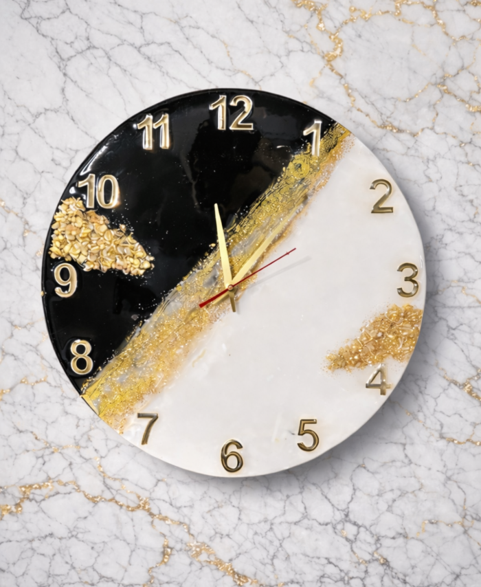Black and white marble resin wall clock with gold flakes and metallic numbers