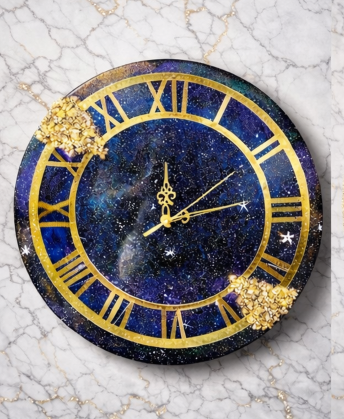 Galaxy wall clock with resin art cosmic design featuring star-like details and glossy finish
