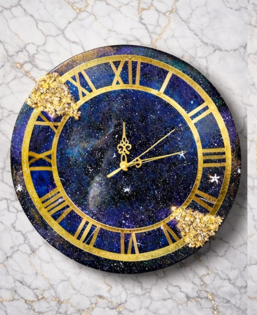 Galaxy wall clock with resin art cosmic design featuring star-like details and glossy finish