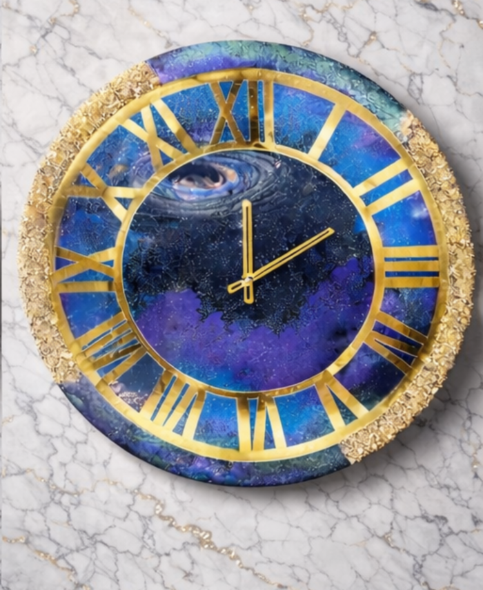 Galaxy wall clock with resin art cosmic design featuring star-like details and glossy finish