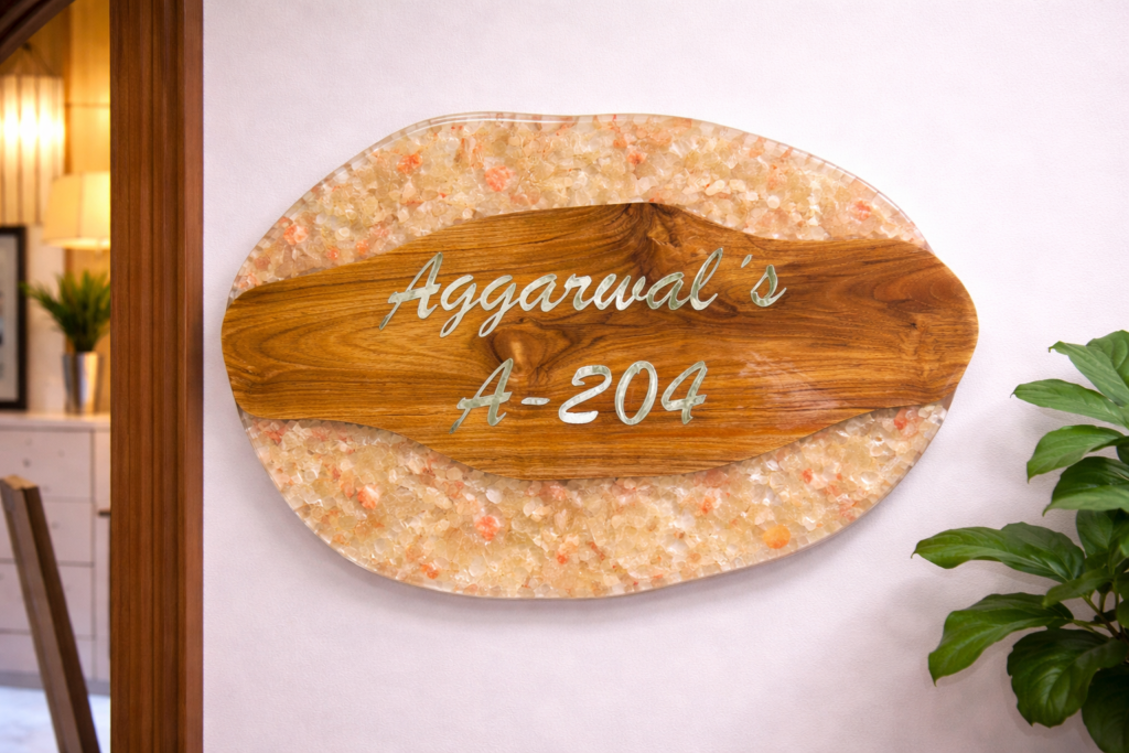 Customized resin name plate with wooden texture design for home entrance