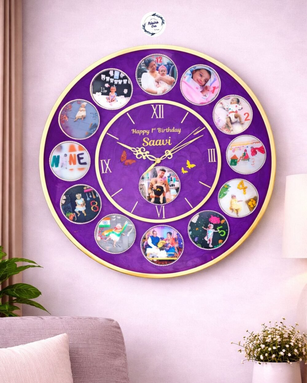 Customized birthday photo memory wall clock with multiple baby pictures and name design