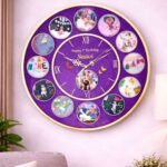 Customized birthday photo memory wall clock with multiple baby pictures and name design