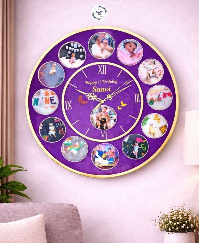 Customized birthday photo memory wall clock with multiple baby pictures and name design