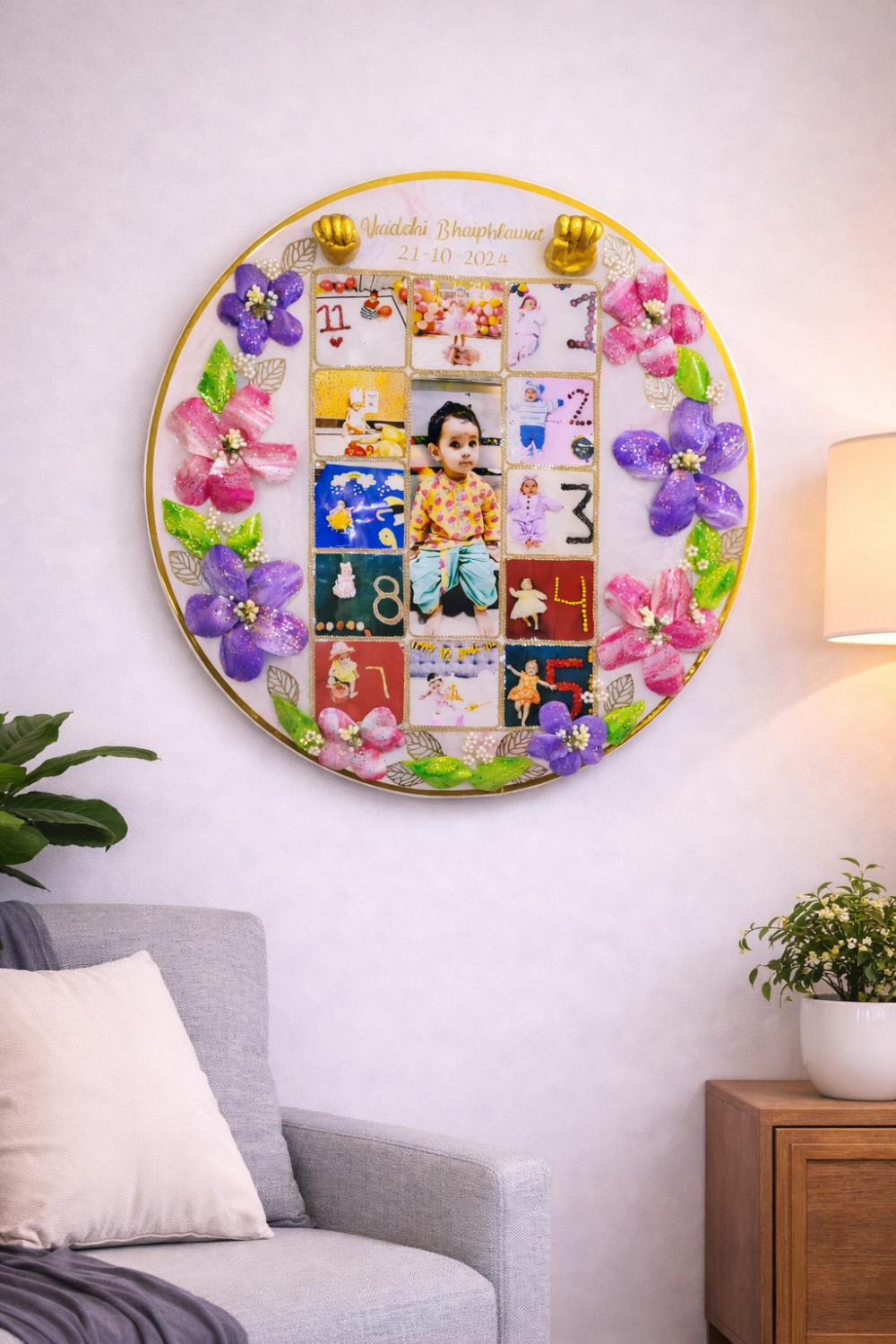 3D baby memory photo frame with floral resin design and multiple photos