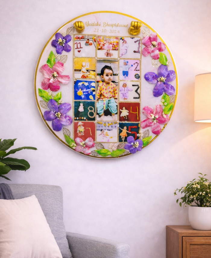 3D baby memory photo frame with floral resin design and multiple photos