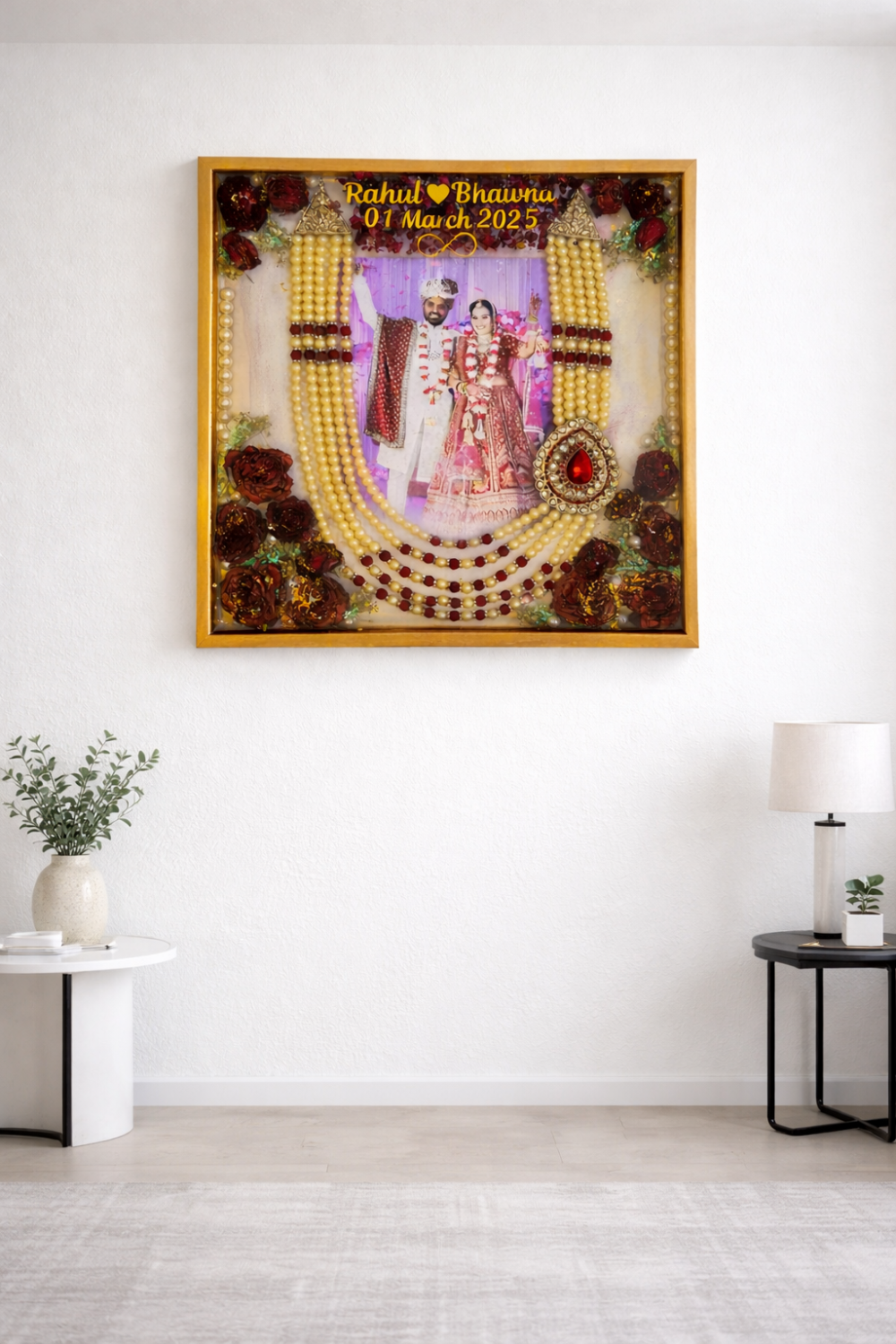 Wedding varmala preservation frame with couple photo, floral design, and decorative resin finish