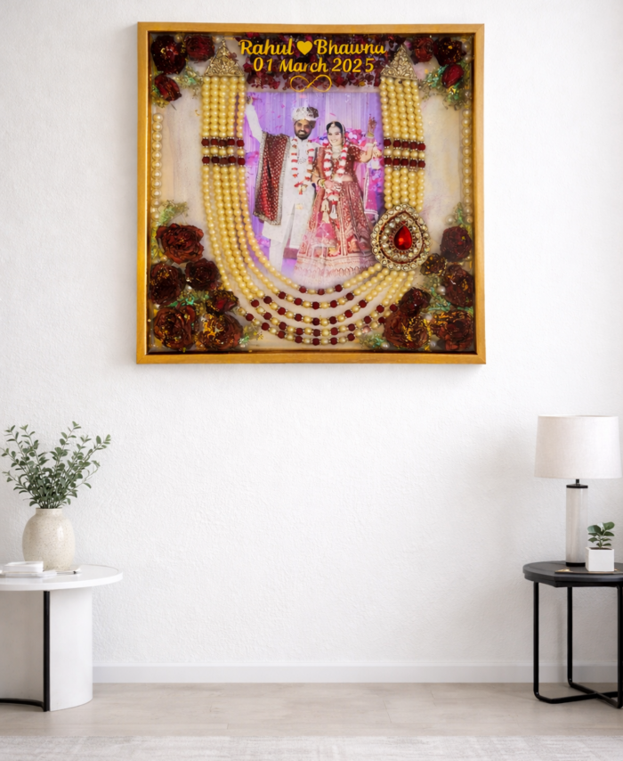 Wedding varmala preservation frame with couple photo, floral design, and decorative resin finish