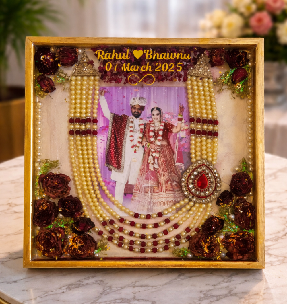 Wedding varmala preservation frame with couple photo, floral design, and decorative resin finish