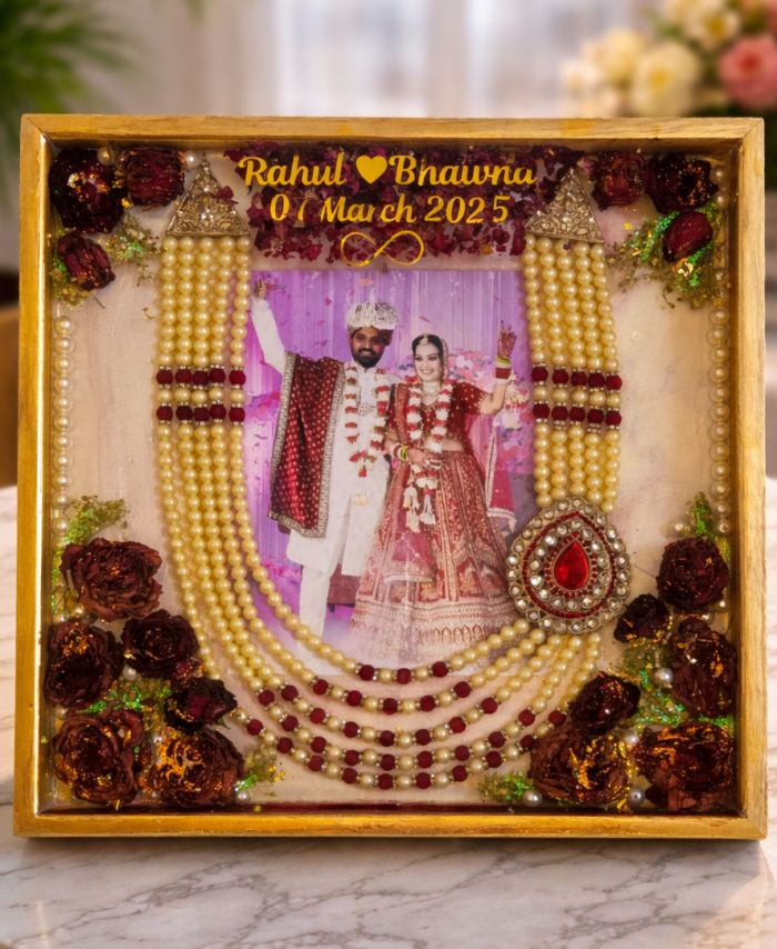 Wedding varmala preservation frame with couple photo, floral design, and decorative resin finish