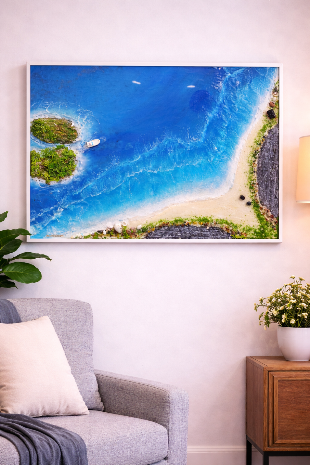 Handmade ocean resin wall art with beach and wave design for home decor