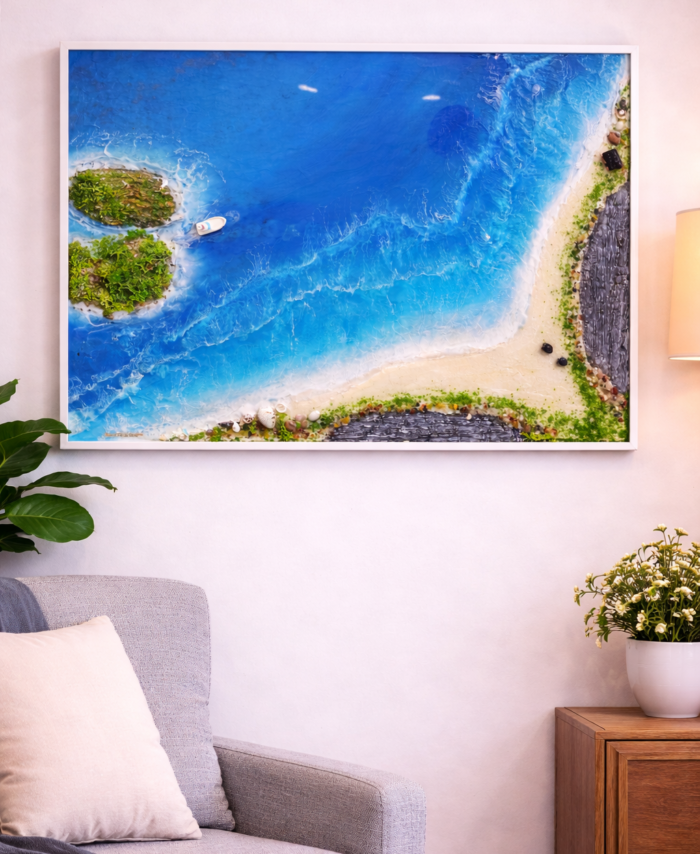 Handmade ocean resin wall art with beach and wave design for home decor