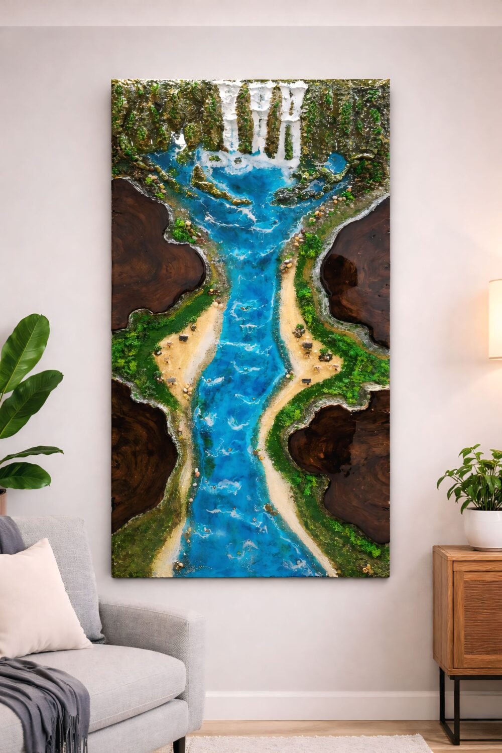 Handmade river resin wall art with flowing glossy design for modern home decor