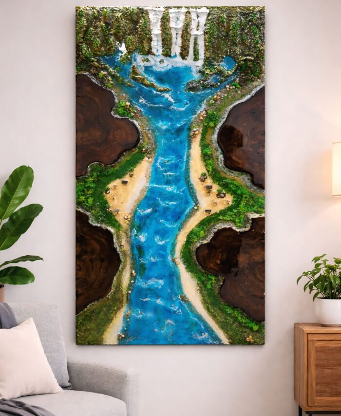 Handmade river resin wall art with flowing glossy design for modern home decor