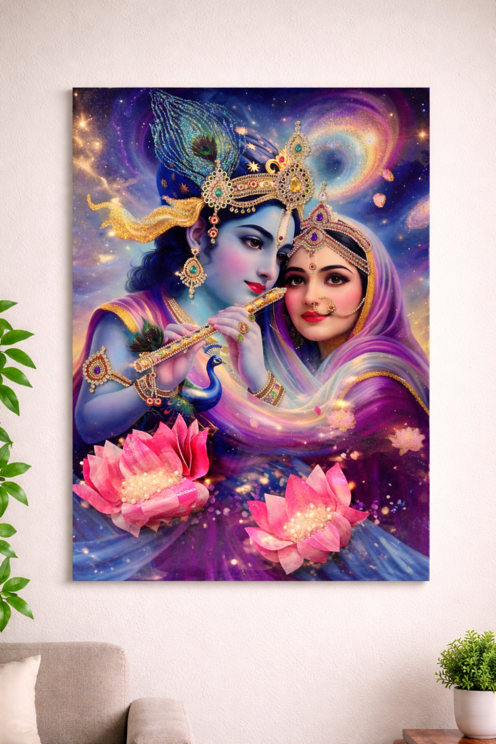 Radha Krishna 3D wall art with cosmic galaxy background and vibrant colors for home decor
