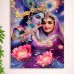 Radha Krishna 3D wall art with cosmic galaxy background and vibrant colors for home decor