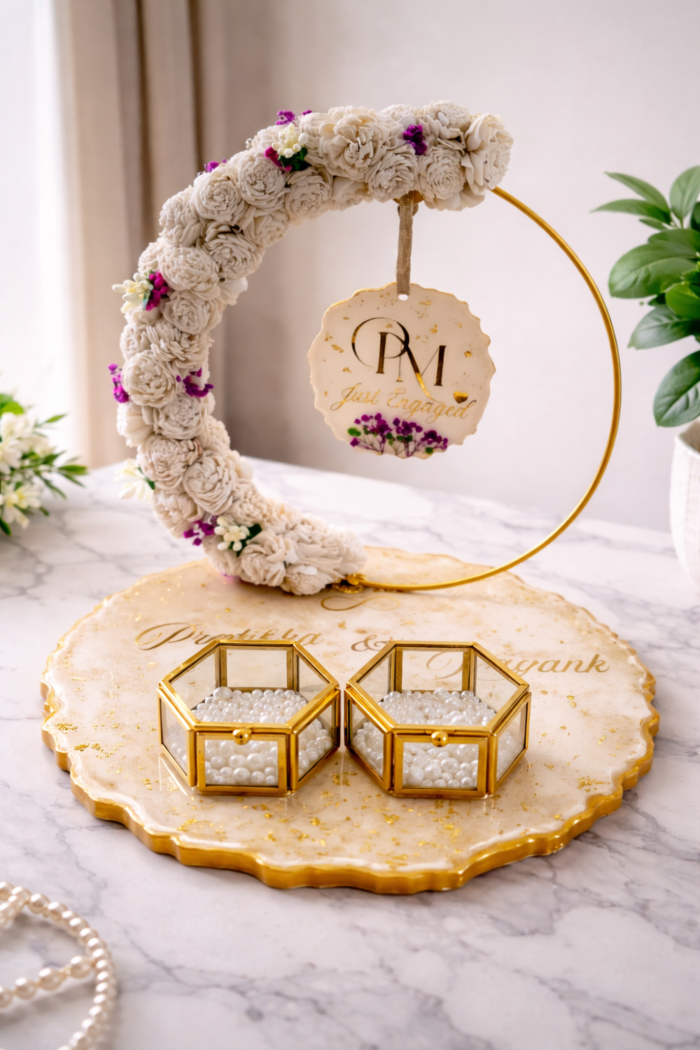 Customized resin ring platter with floral design and golden ring holder for engagement