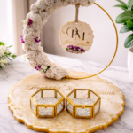 Customized resin ring platter with floral design and golden ring holder for engagement