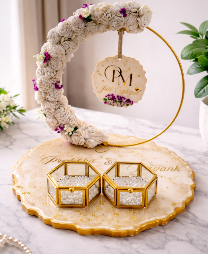 Customized resin ring platter with floral design and golden ring holder for engagement