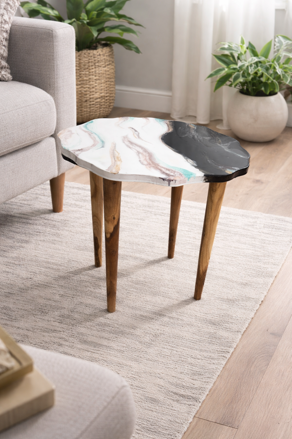 Handmade marble design resin table with wooden legs for modern home decor