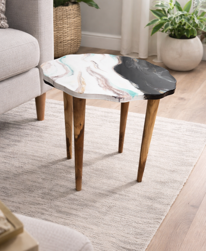 Handmade marble design resin table with wooden legs for modern home decor