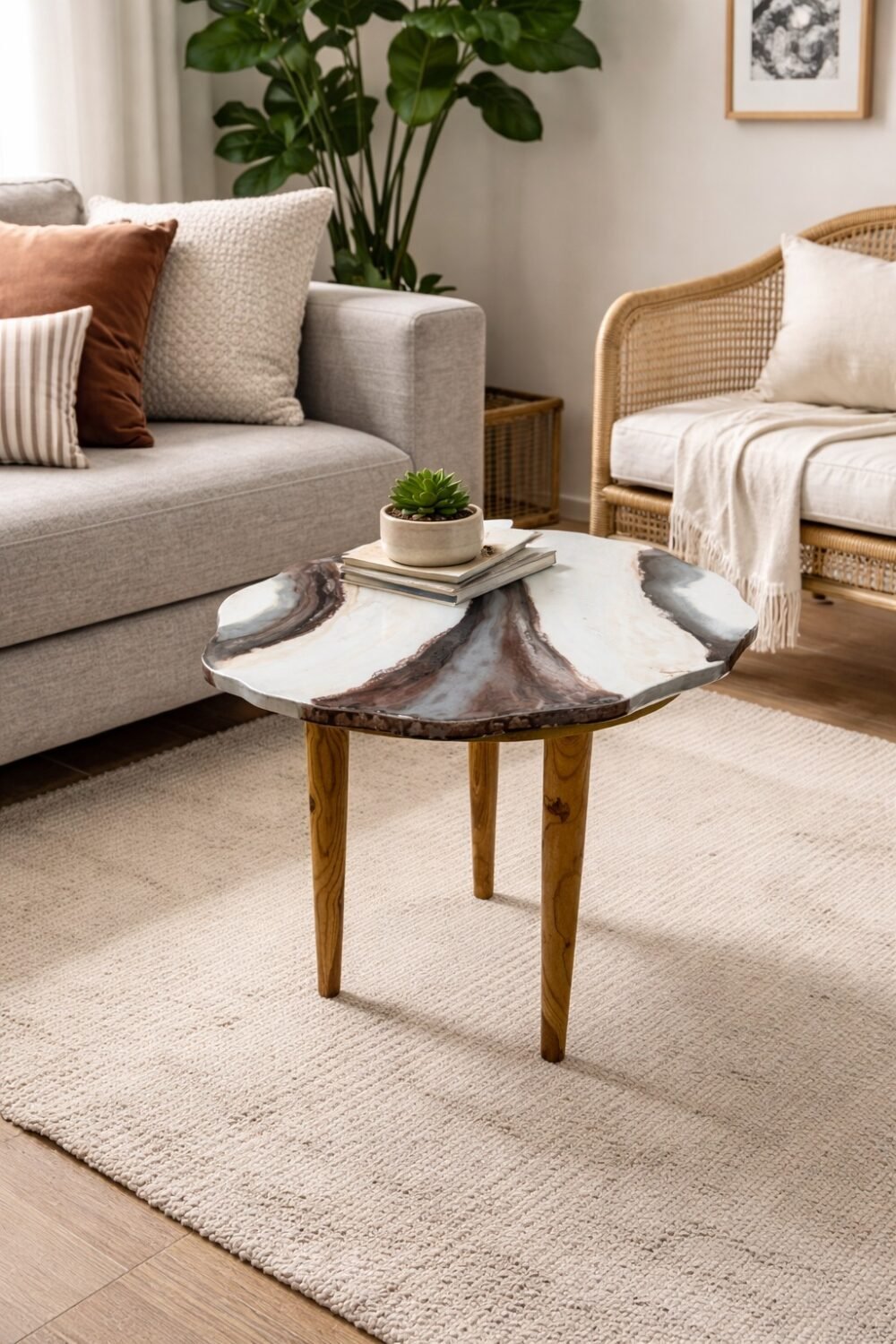 Agate marble coffee table with natural stone pattern top and wooden legs placed in a modern living room setting.