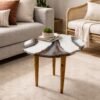 Agate marble coffee table with natural stone pattern top and wooden legs placed in a modern living room setting.