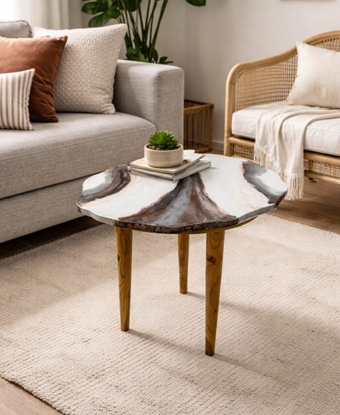 Agate marble coffee table with natural stone pattern top and wooden legs placed in a modern living room setting.