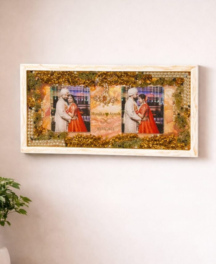 Resin varmala frame with wedding photo, preserved flowers in elegant customized frame