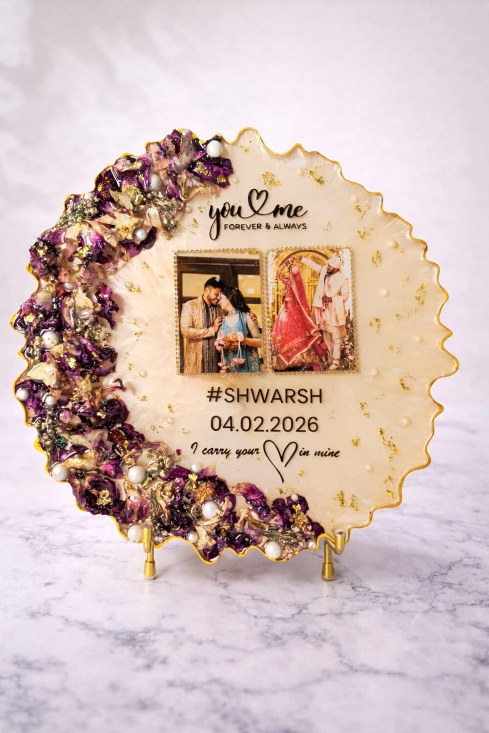 Wedding flower preservation resin frame with dried flowers, couple photos, and personalized details