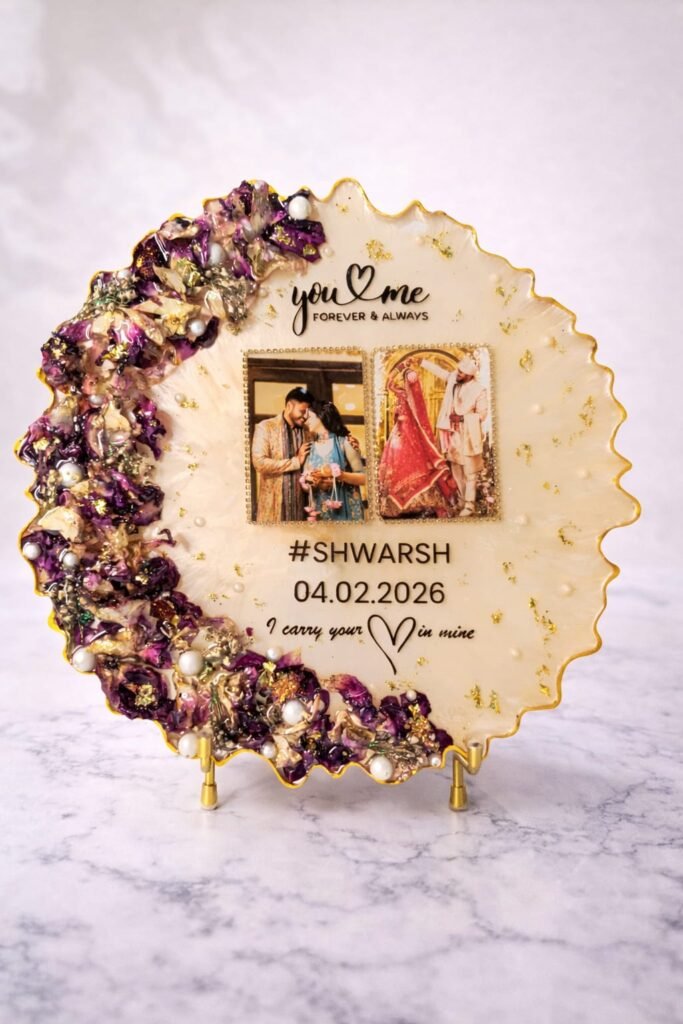 Wedding flower preservation resin frame with dried flowers, couple photos, and personalized details