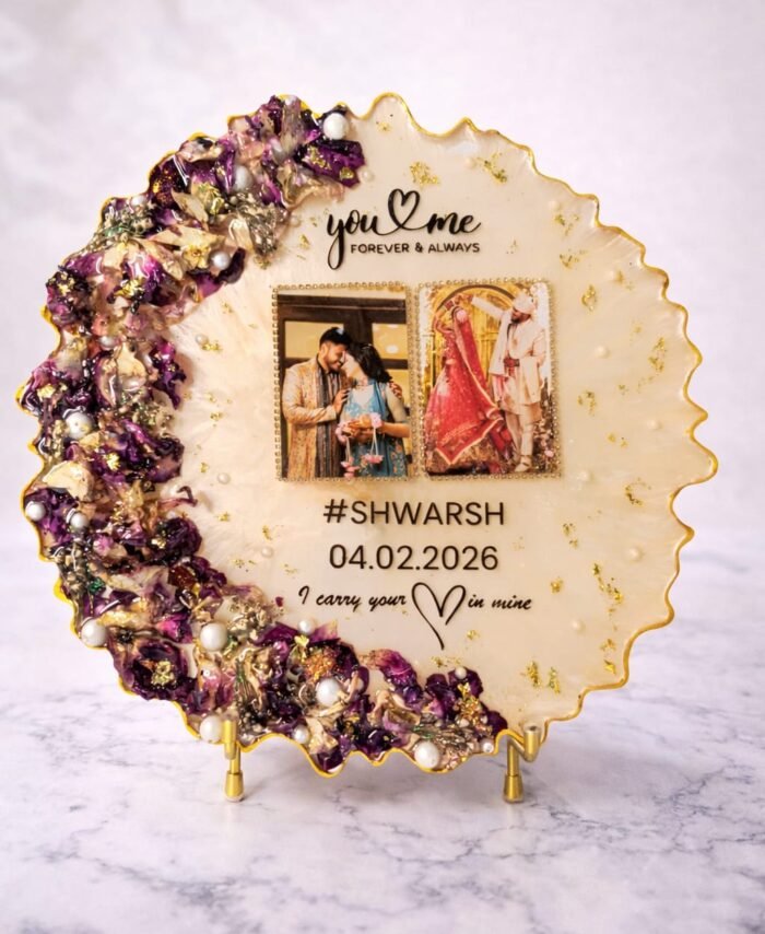 Wedding flower preservation resin frame with dried flowers, couple photos, and personalized details