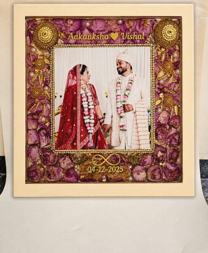 Varmala preservation resin frame with dried wedding garland flowers and personalized details