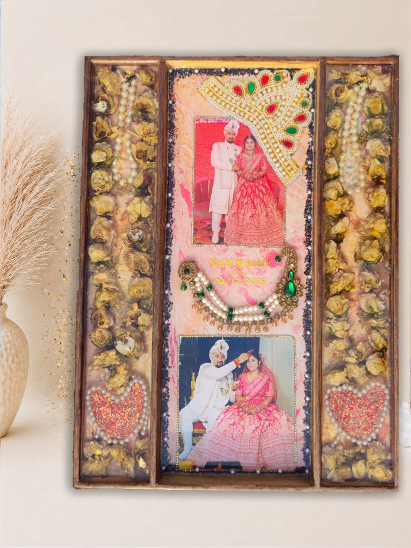 Resin varmala Resin varmala frame with preserved wedding flowers, pearls, and couple photos in elegant wooden frame