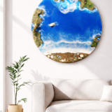 Round ocean wall art with blue resin waves, water fall and sandy beach design