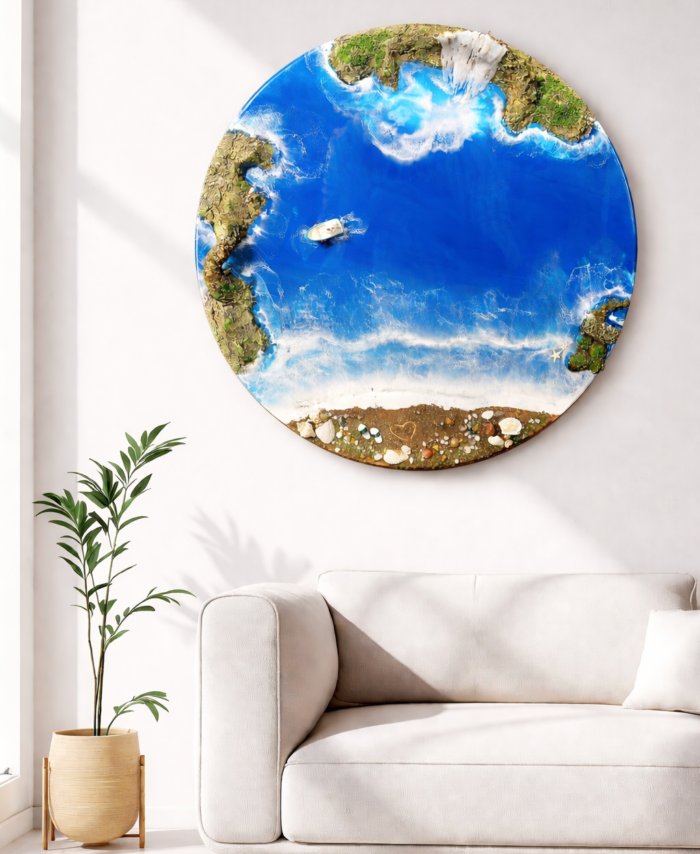 Round ocean wall art with blue resin waves, water fall and sandy beach design