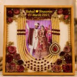 Wedding varmala preservation frame with couple photo, floral design, and decorative resin finish
