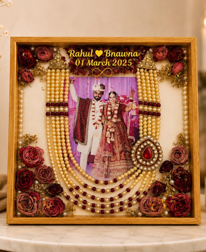 Wedding varmala preservation frame with couple photo, floral design, and decorative resin finish