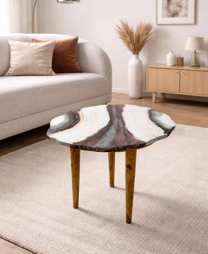 Agate marble coffee table with natural stone pattern top and wooden legs placed in a modern living room setting.