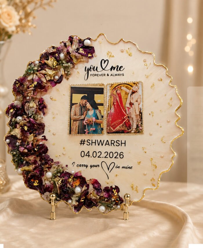 Wedding flower preservation resin frame with dried flowers, couple photos, and personalized details